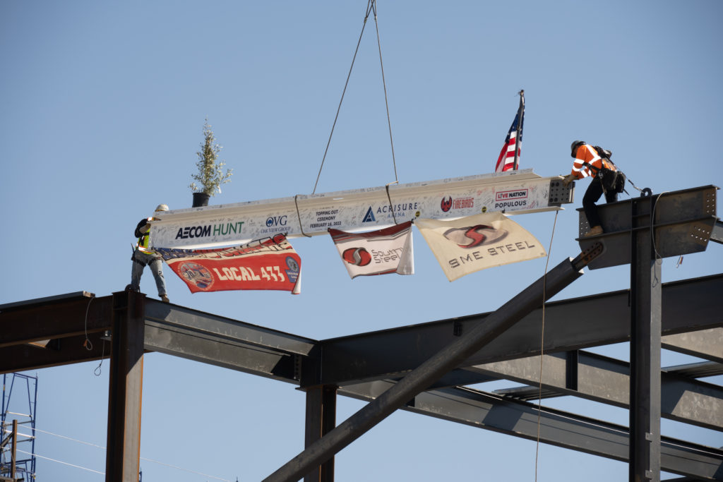 Acrisure Arena Celebrates Topping Out Ceremony With Beam Placement