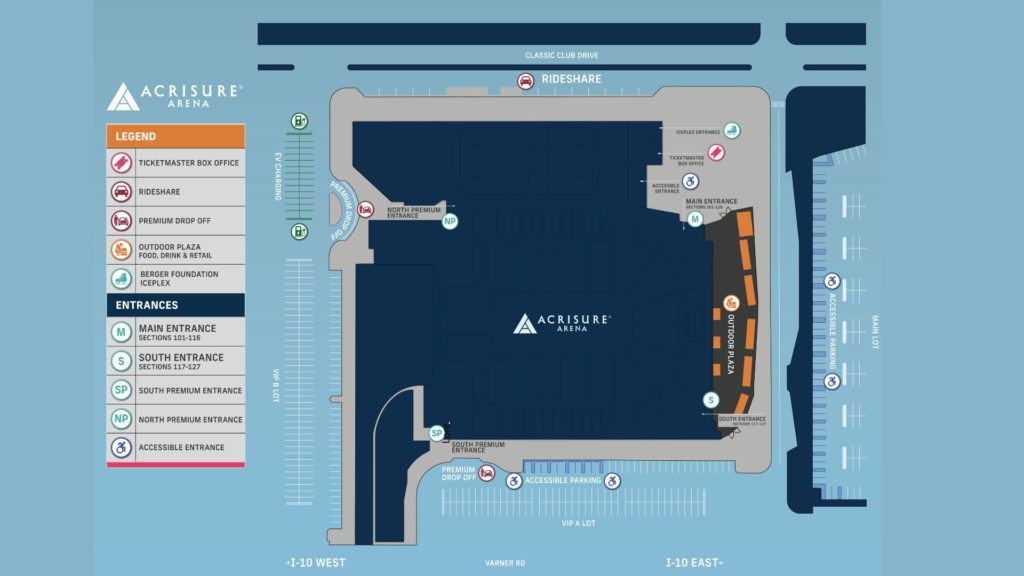 A map of the exterior of Acrisure Arena, showing Accessible Parking, EV Charging, and the location of the various entrances.