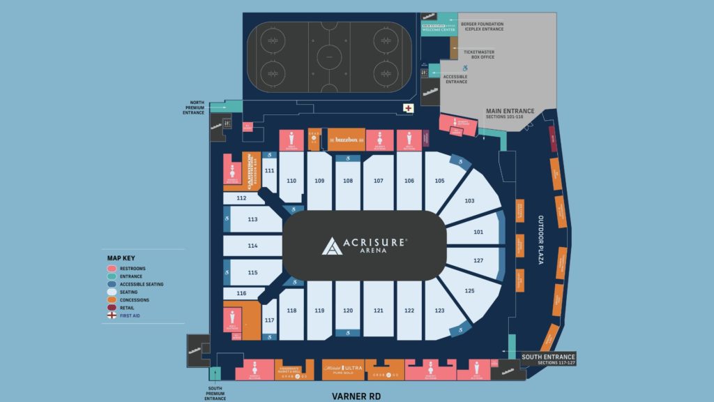 A map showing the seating sections, restrooms, and food offerings within Acrisure Arena.