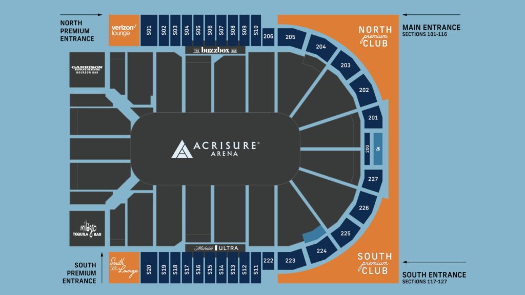 A map showing the location of the Suites, Premium seating sections, the Clubs and Lounge inside Acrisure Arena.