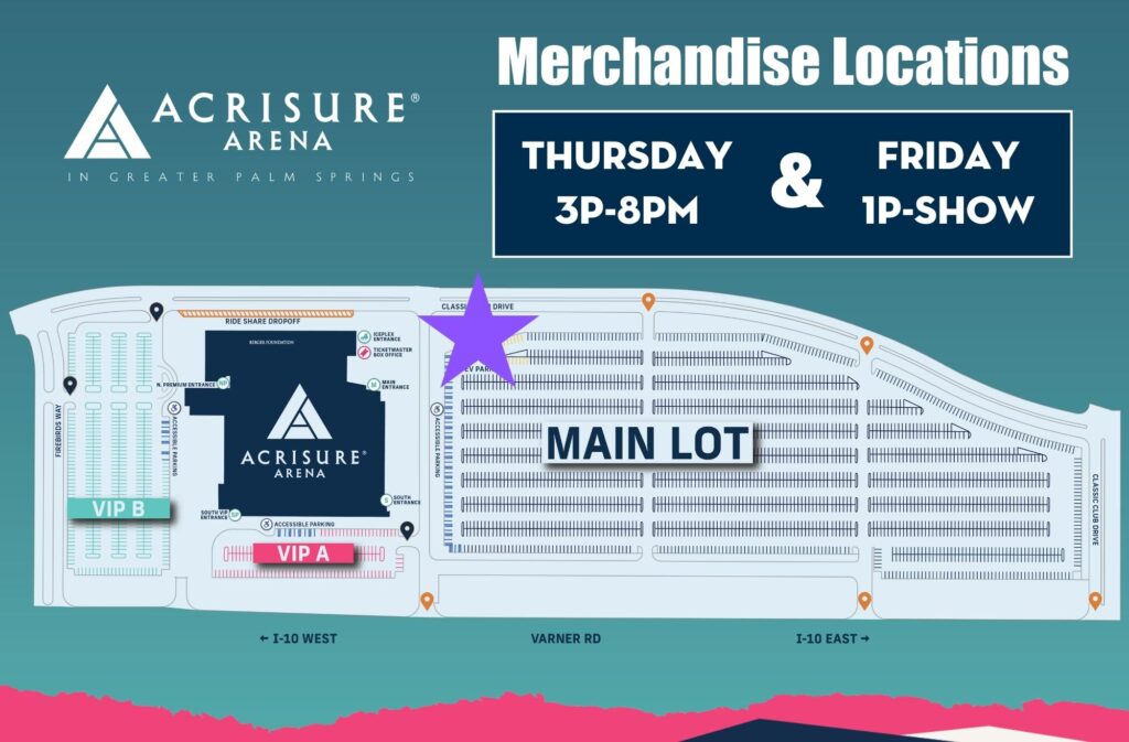 Map of Acrisure Arena and our parking lots, showing the location for Olivia Rodrigo merchandise Feb. 22 & 23, 2024